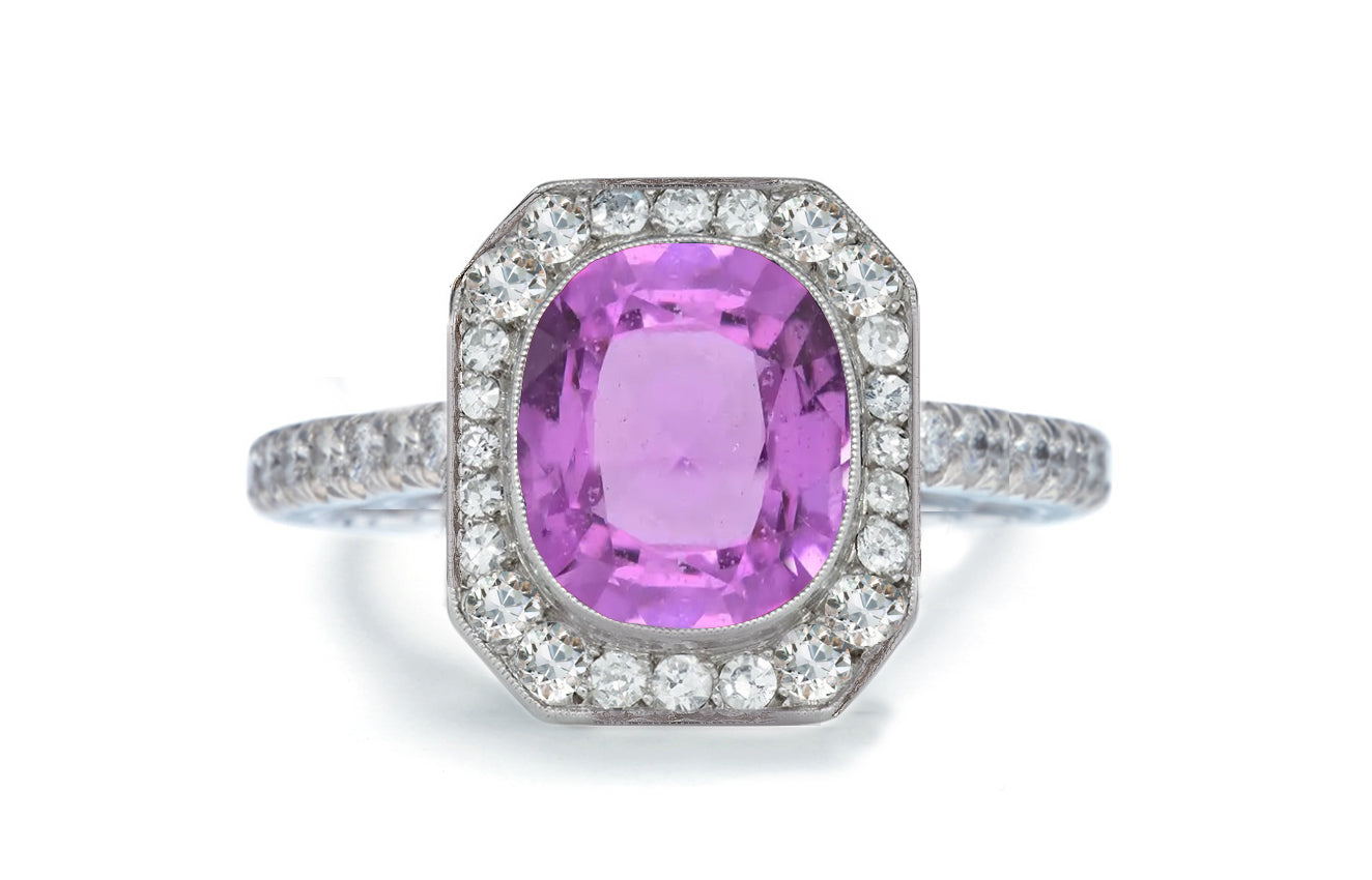 1203 custom made vintage inspired pink sapphire and diamond floral halo engagement rings