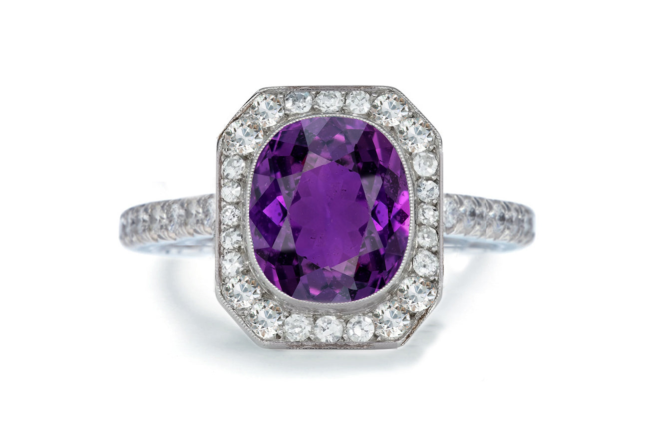 1203 custom made vintage inspired purple sapphire and diamond floral halo engagement rings