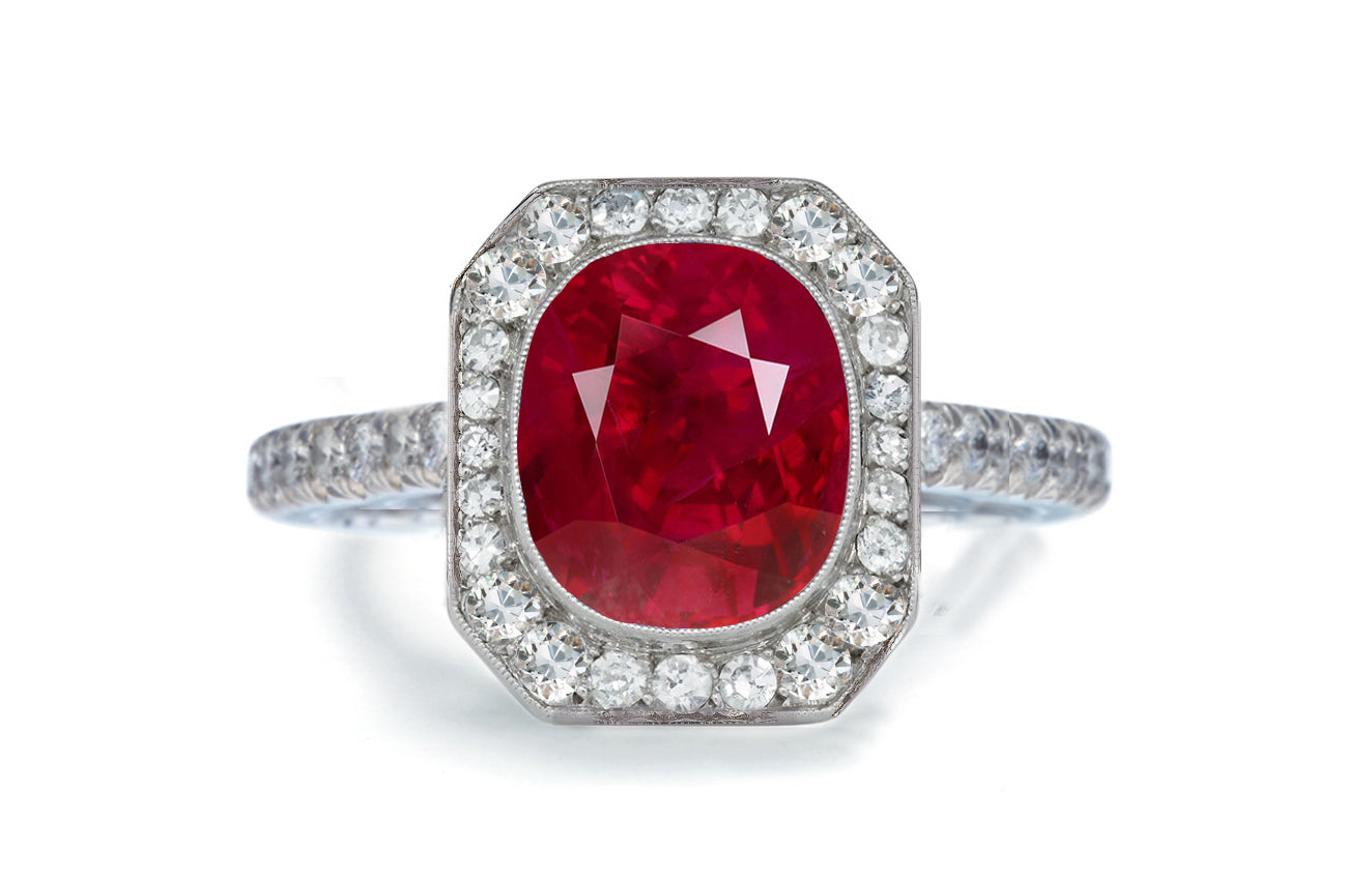 1203 custom made vintage inspired ruby and diamond floral halo engagement rings