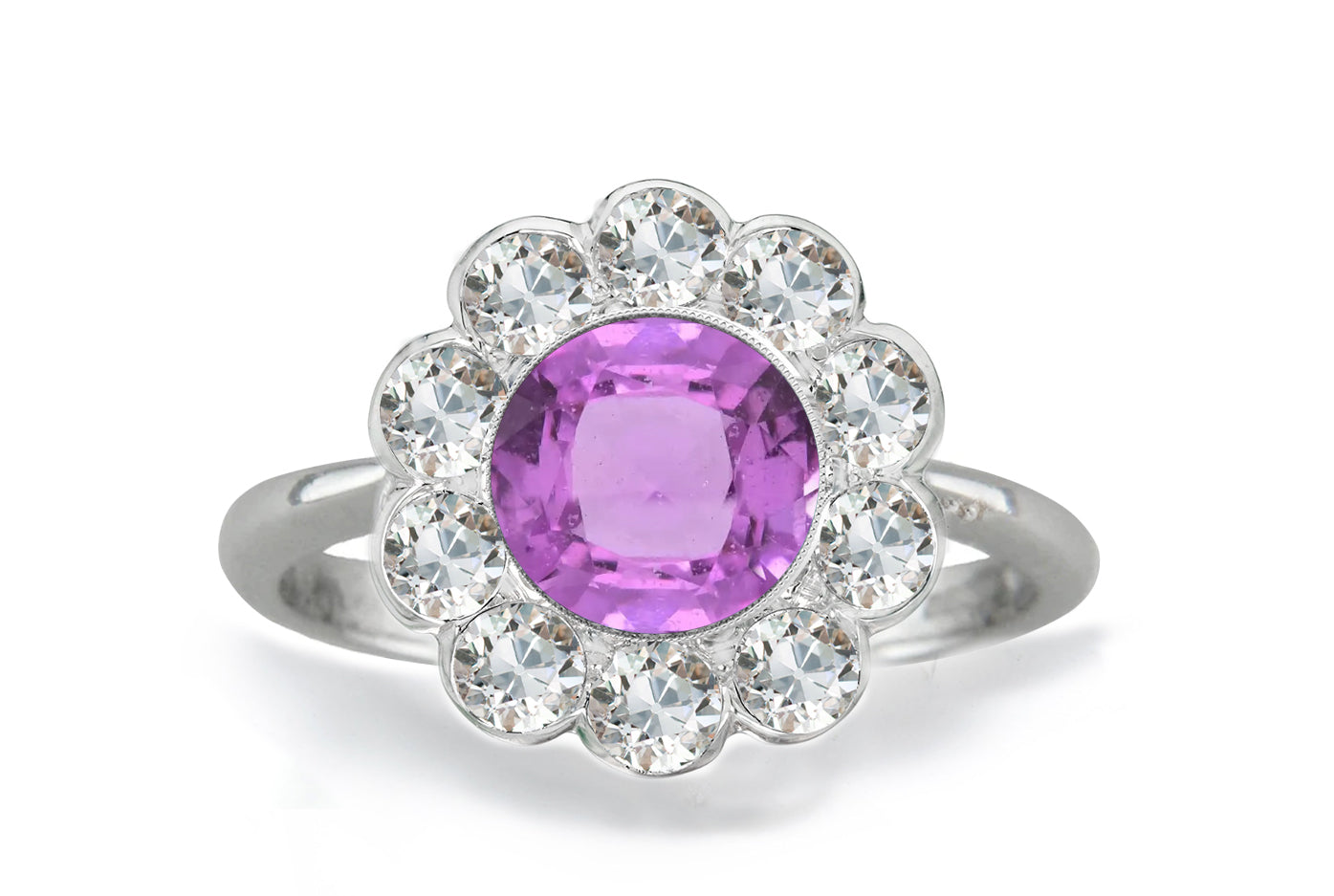 1204 custom made vintage inspired pink sapphire and diamond floral halo engagement rings