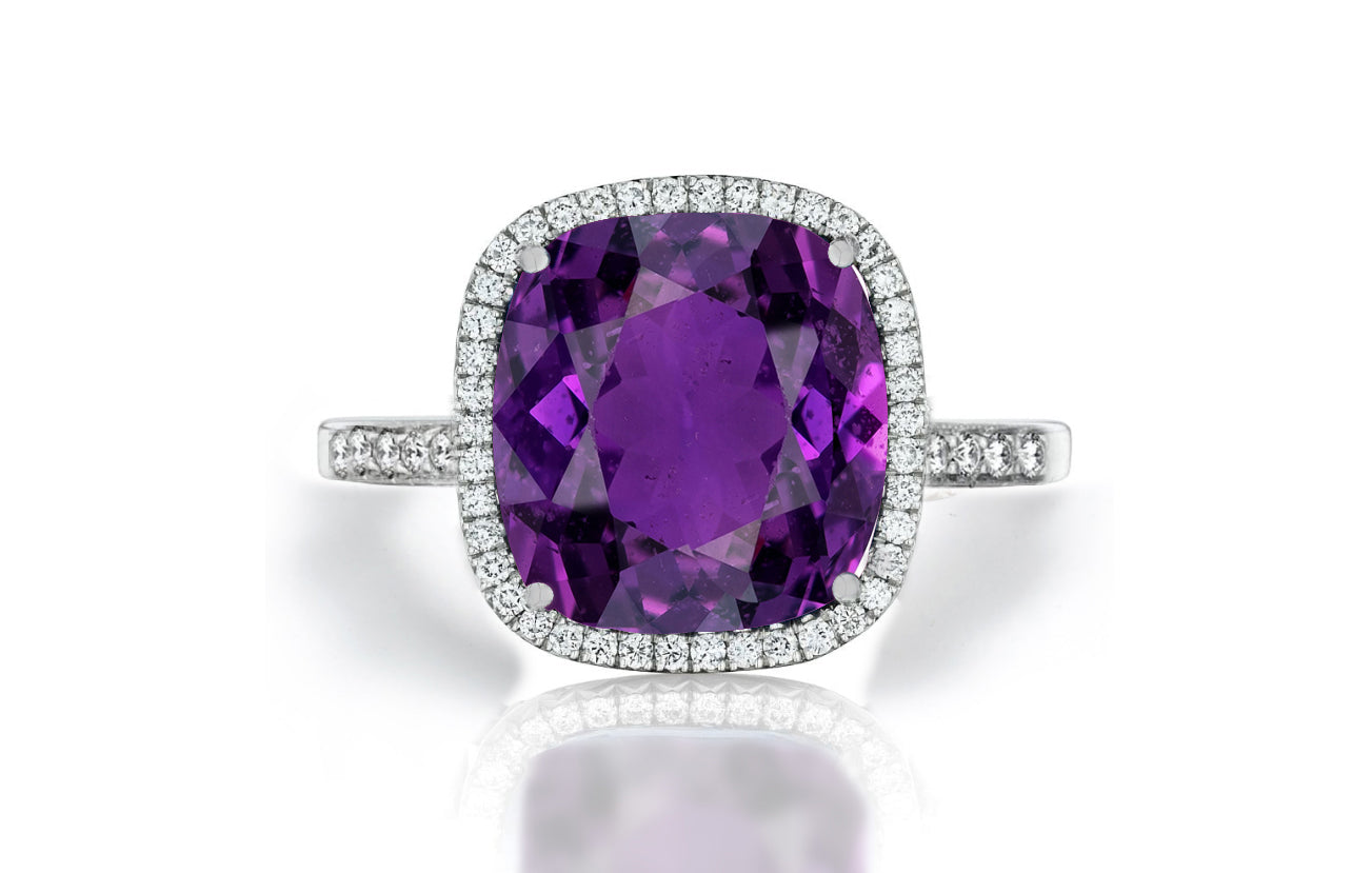 1206 custom made vintage inspired purple sapphire and diamond floral halo engagement rings