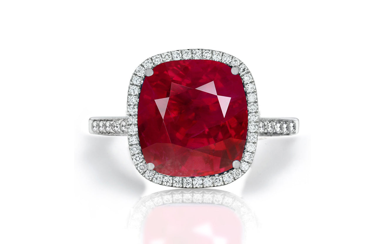 1206 custom made vintage inspired ruby and diamond floral halo engagement rings