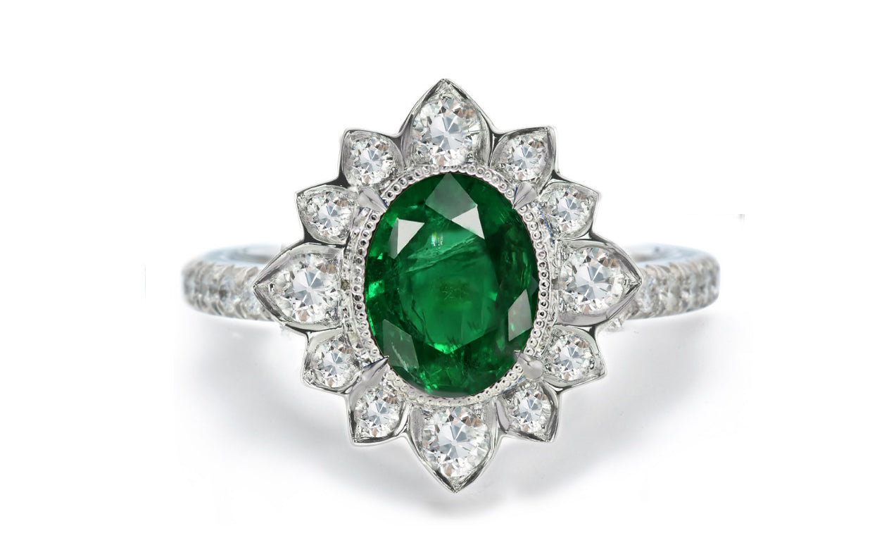 1207 custom made vintage inspired emerald and diamond floral halo engagement rings