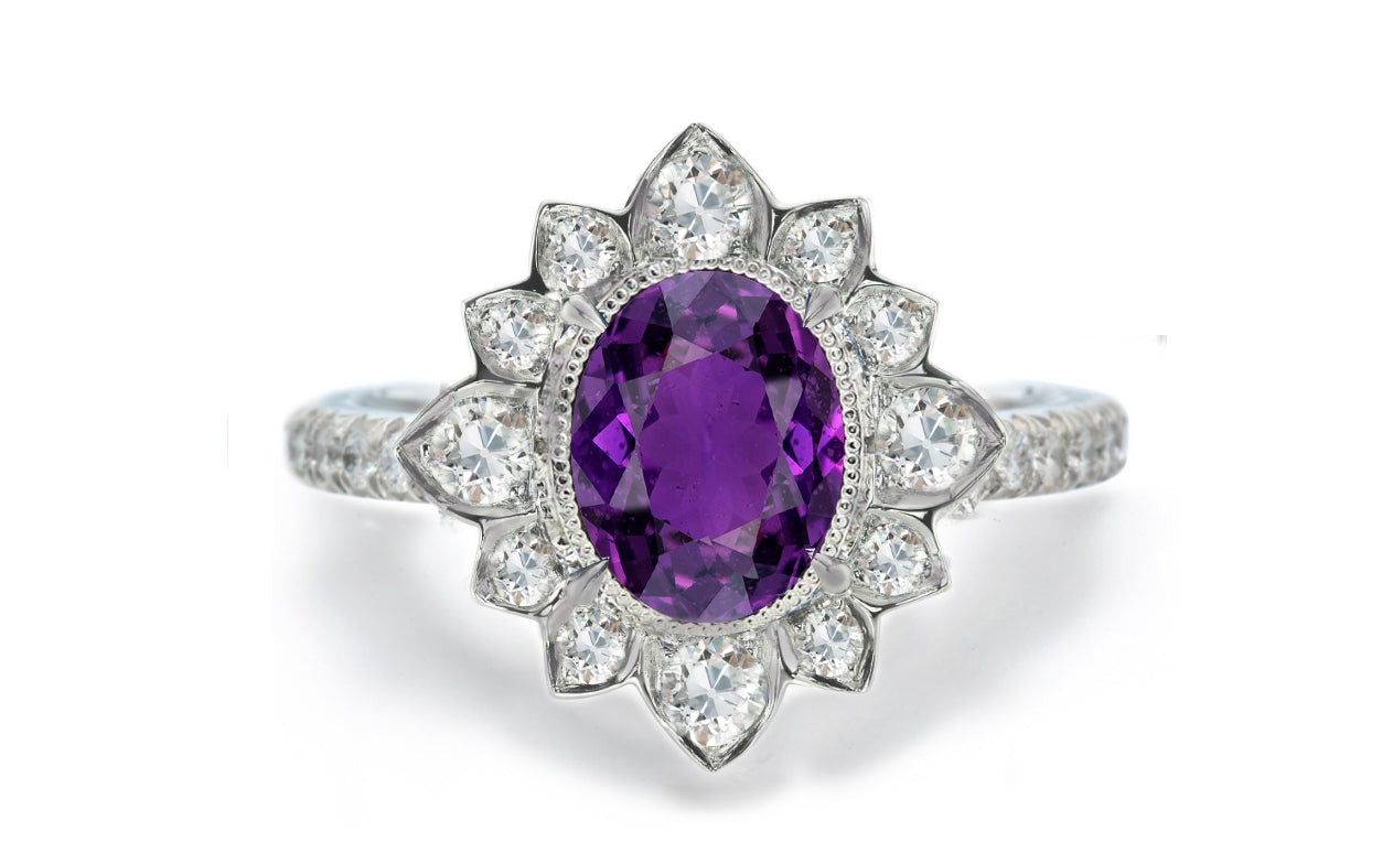 1207 custom made vintage inspired purple sapphire and diamond floral halo engagement rings