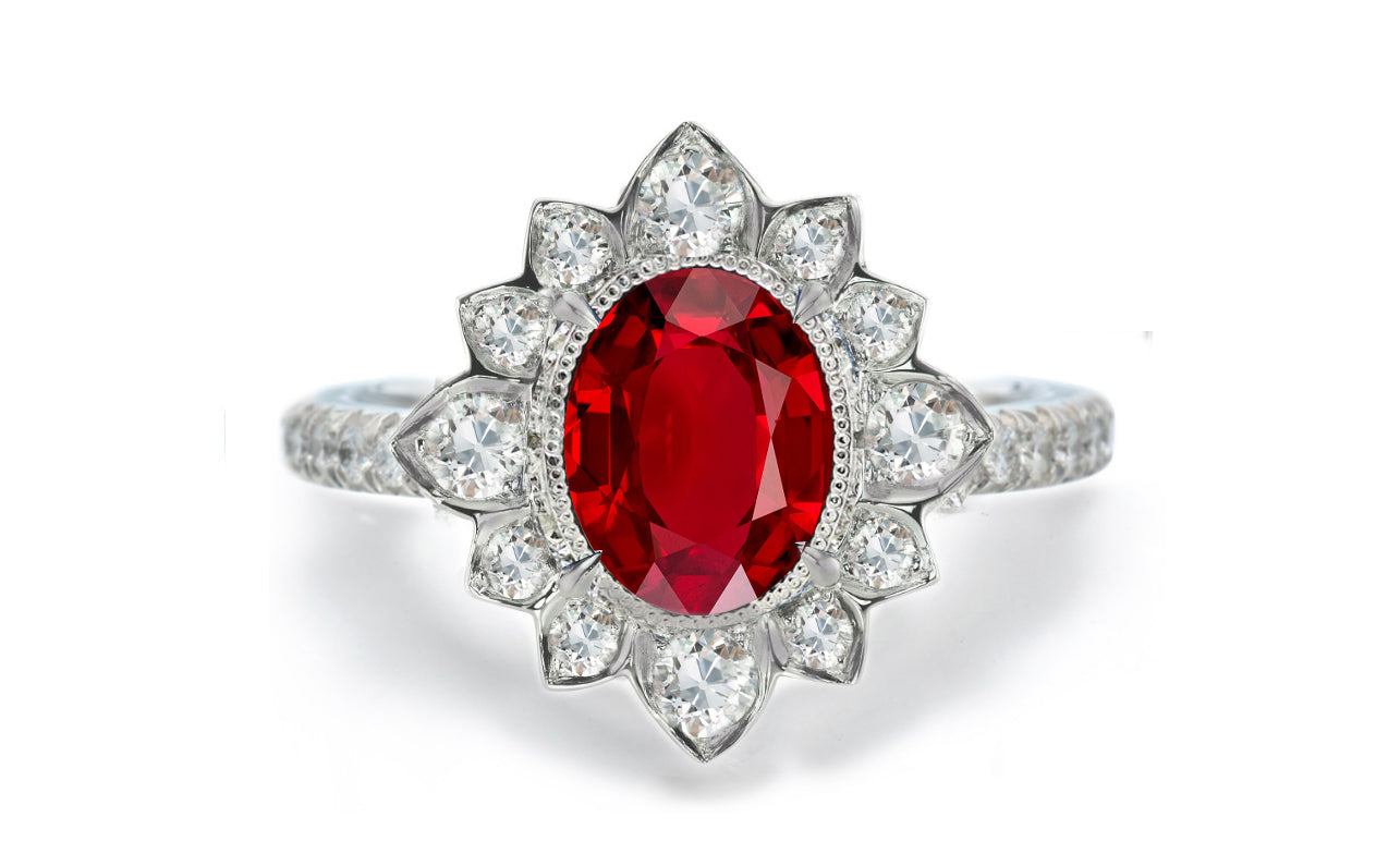 1207 custom made vintage inspired ruby and diamond floral halo engagement rings