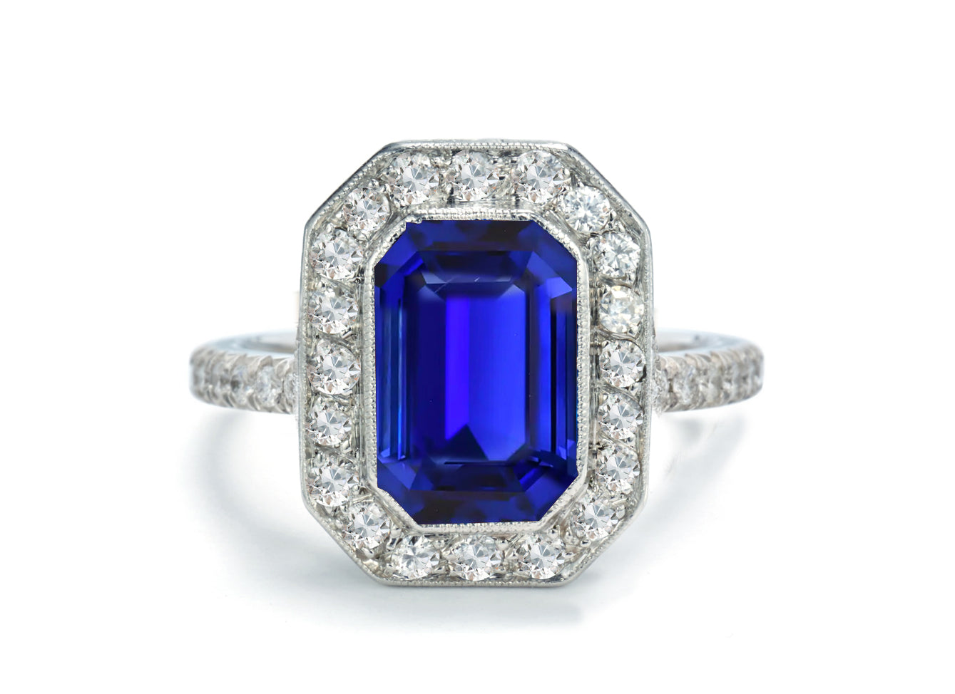 1208 custom made vintage inspired blue sapphire and diamond floral halo engagement rings