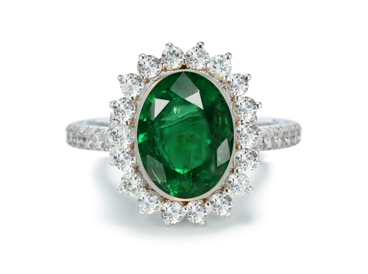 1209 custom made vintage inspired emerald and diamond floral halo engagement rings