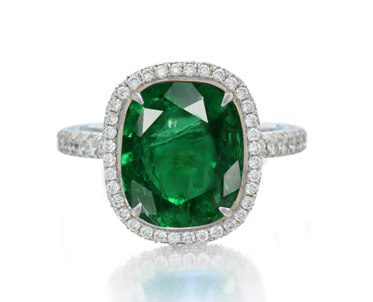 1211 custom made vintage inspired emerald and diamond floral halo engagement rings