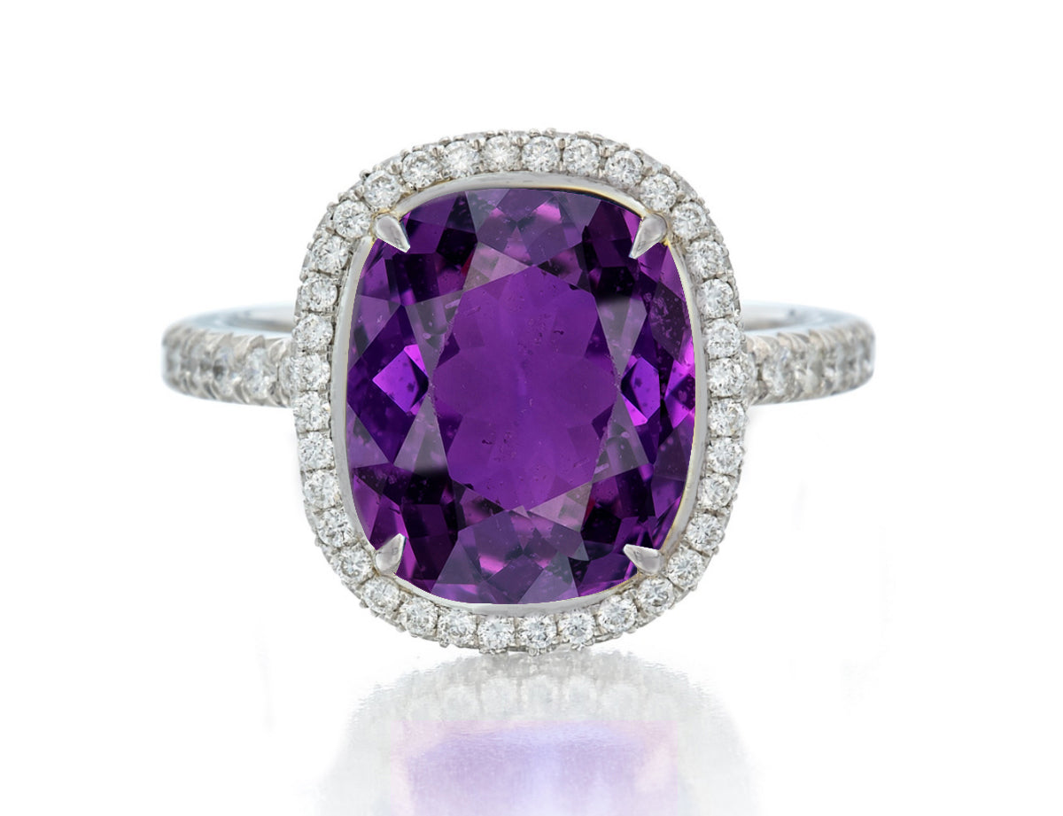 1211 custom made vintage inspired purple sapphire and diamond floral halo engagement rings