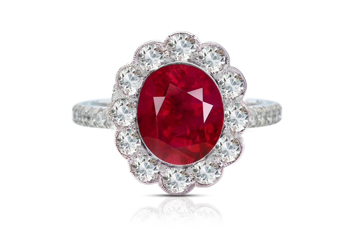 1215 custom made vintage inspired ruby and diamond floral halo engagement rings