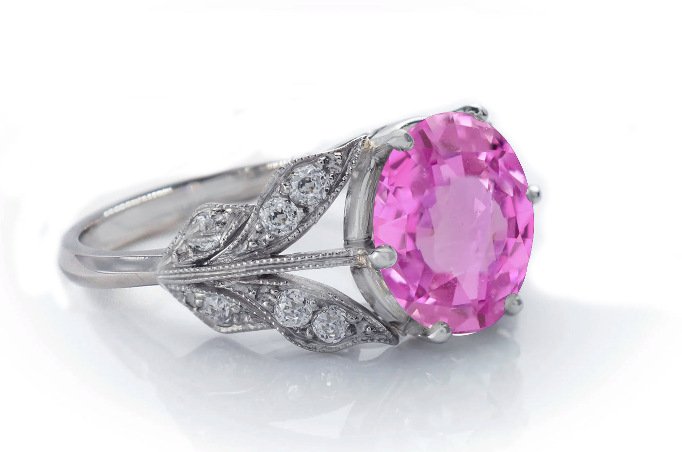 1217 custom made vintage inspired pink sapphire and diamond floral halo engagement rings