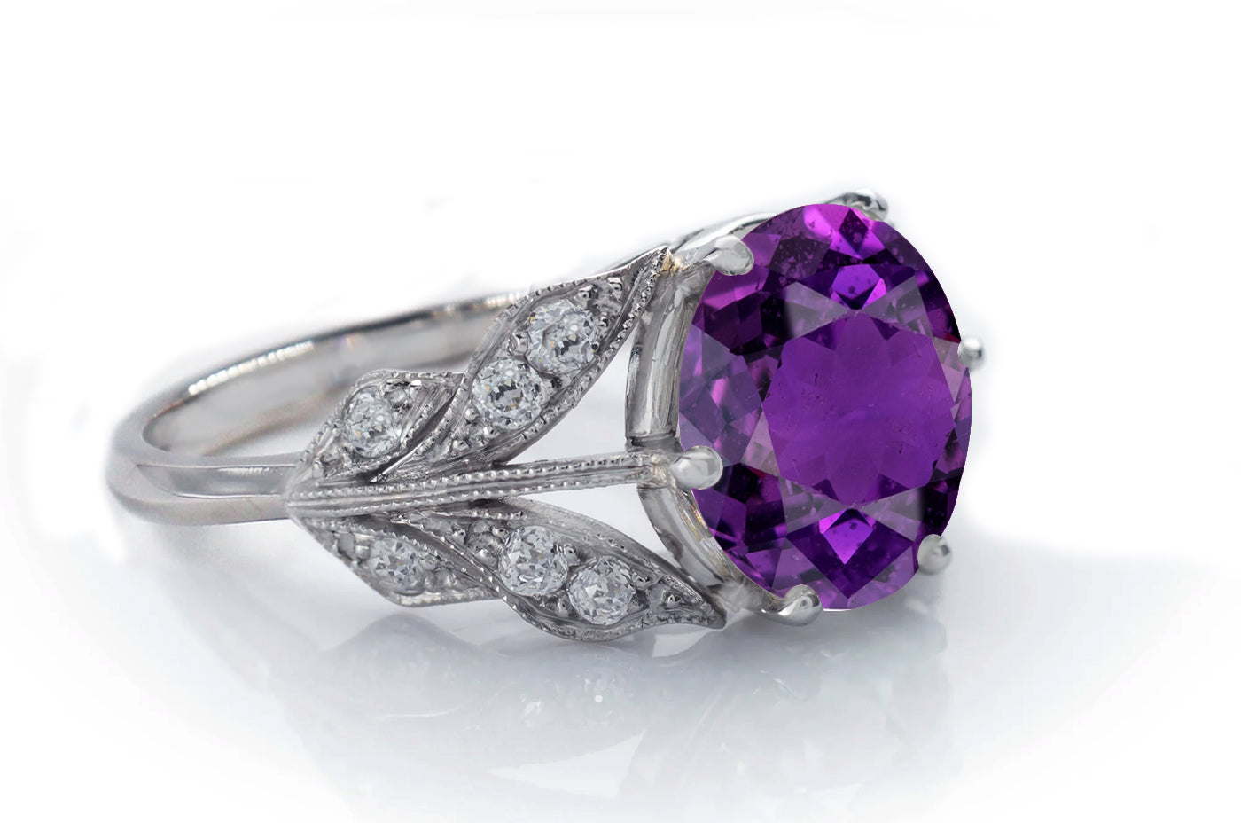 1217 custom made vintage inspired purple sapphire and diamond floral halo engagement rings