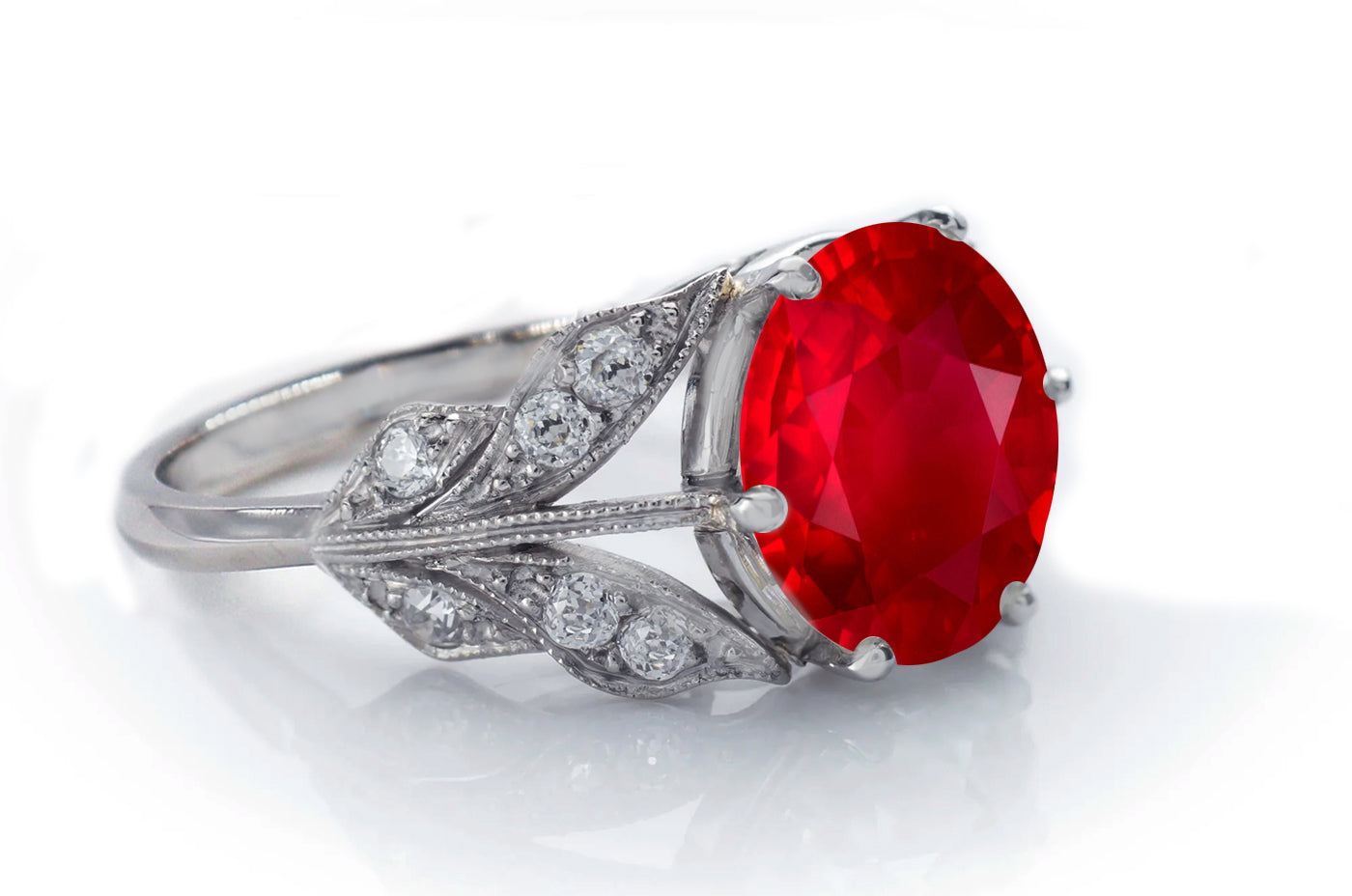 1217 custom made vintage inspired ruby and diamond floral halo engagement rings