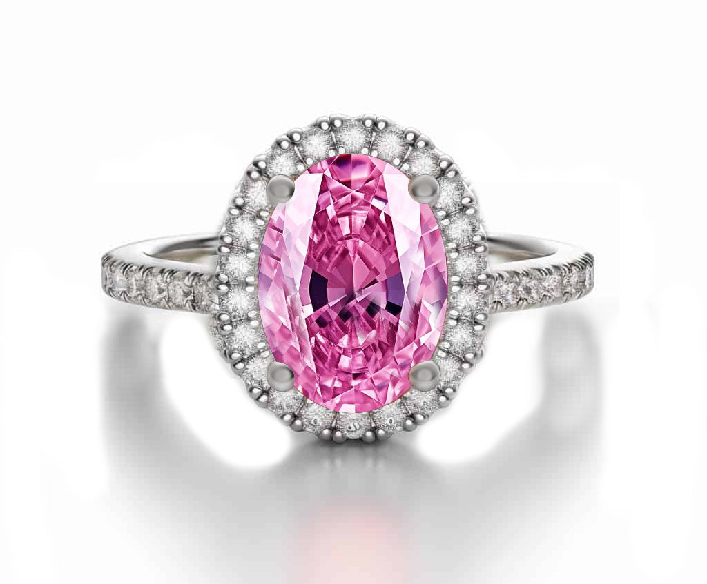 1218 custom made vintage inspired pink sapphire and diamond floral halo engagement rings