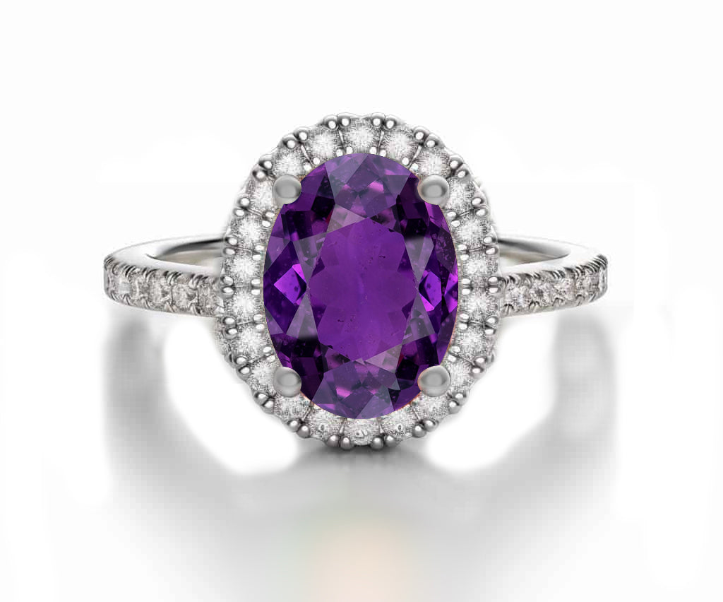 1218 custom made vintage inspired purple sapphire and diamond floral halo engagement rings