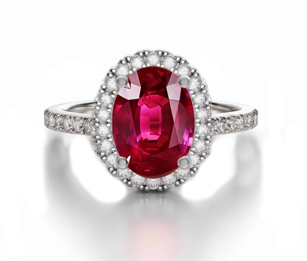 1218 custom made vintage inspired ruby and diamond floral halo engagement rings