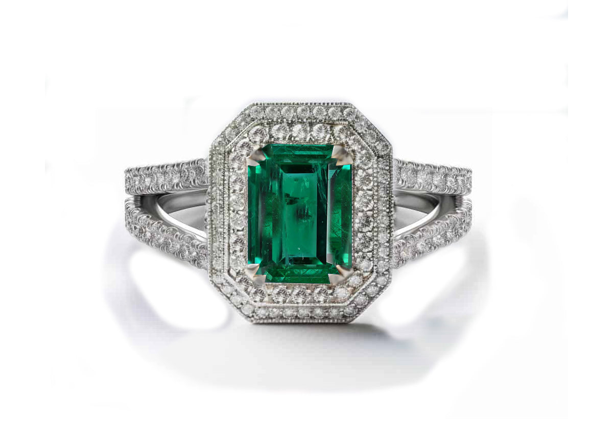 1219 custom made vintage inspired emerald and diamond floral halo engagement rings