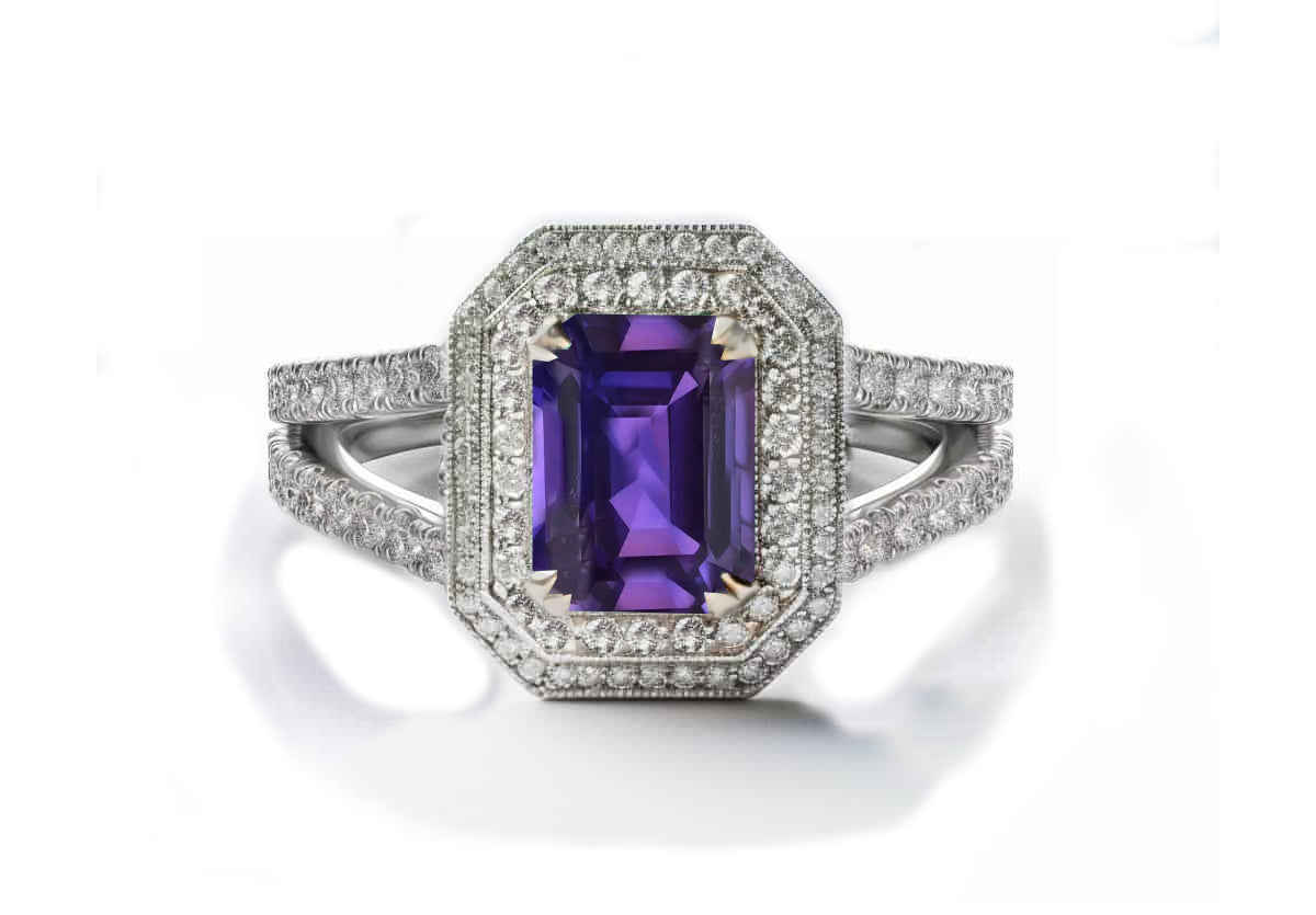 1219 custom made vintage inspired purple sapphire and diamond floral halo engagement rings