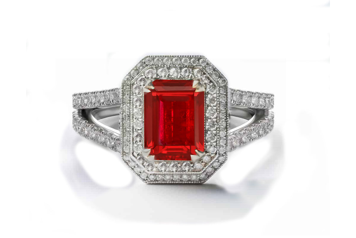 1219 custom made vintage inspired ruby and diamond floral halo engagement rings