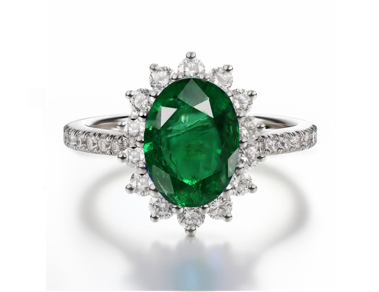 1220 custom made vintage inspired emerald and diamond floral halo engagement rings