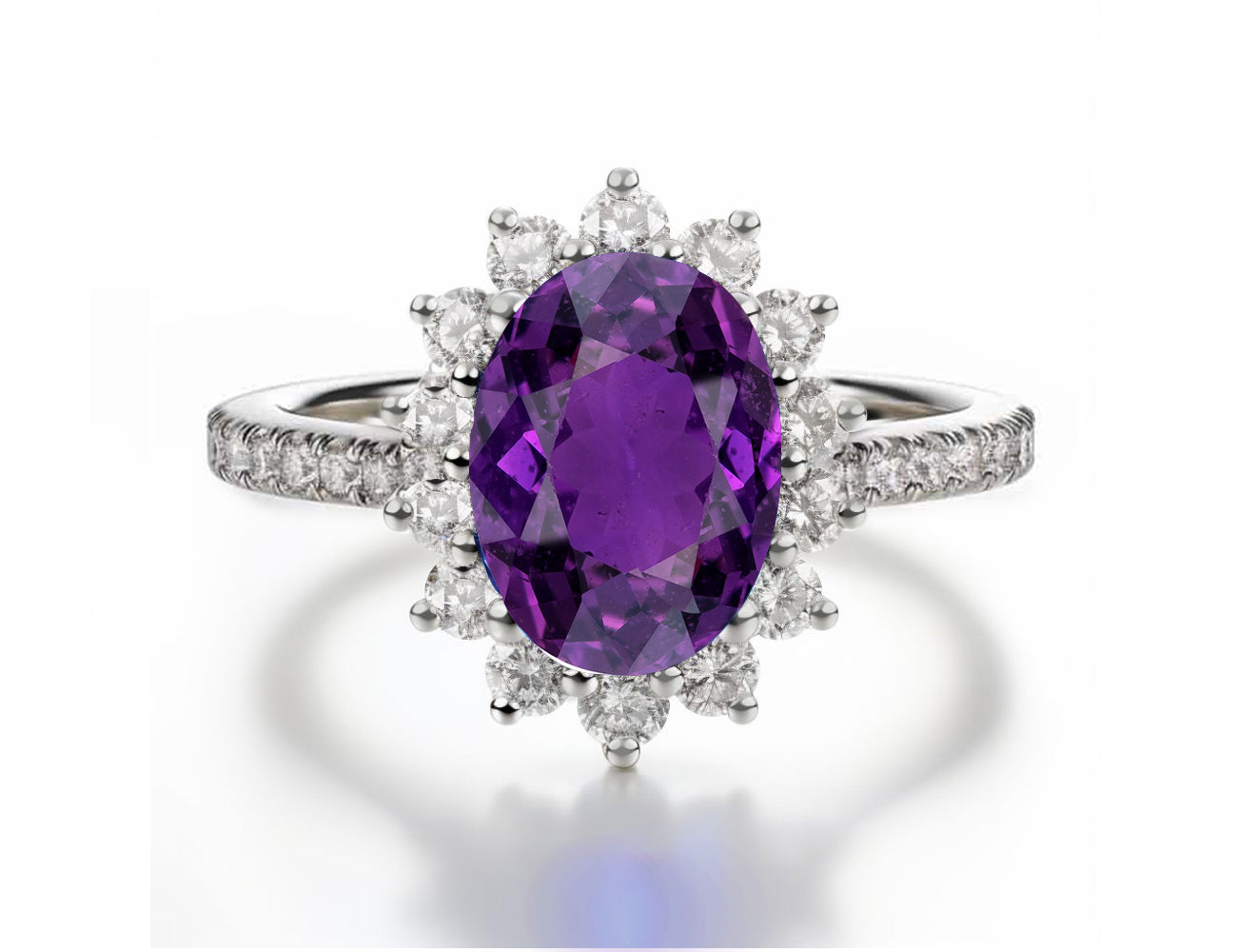 1220 custom made vintage inspired purple sapphire and diamond floral halo engagement rings