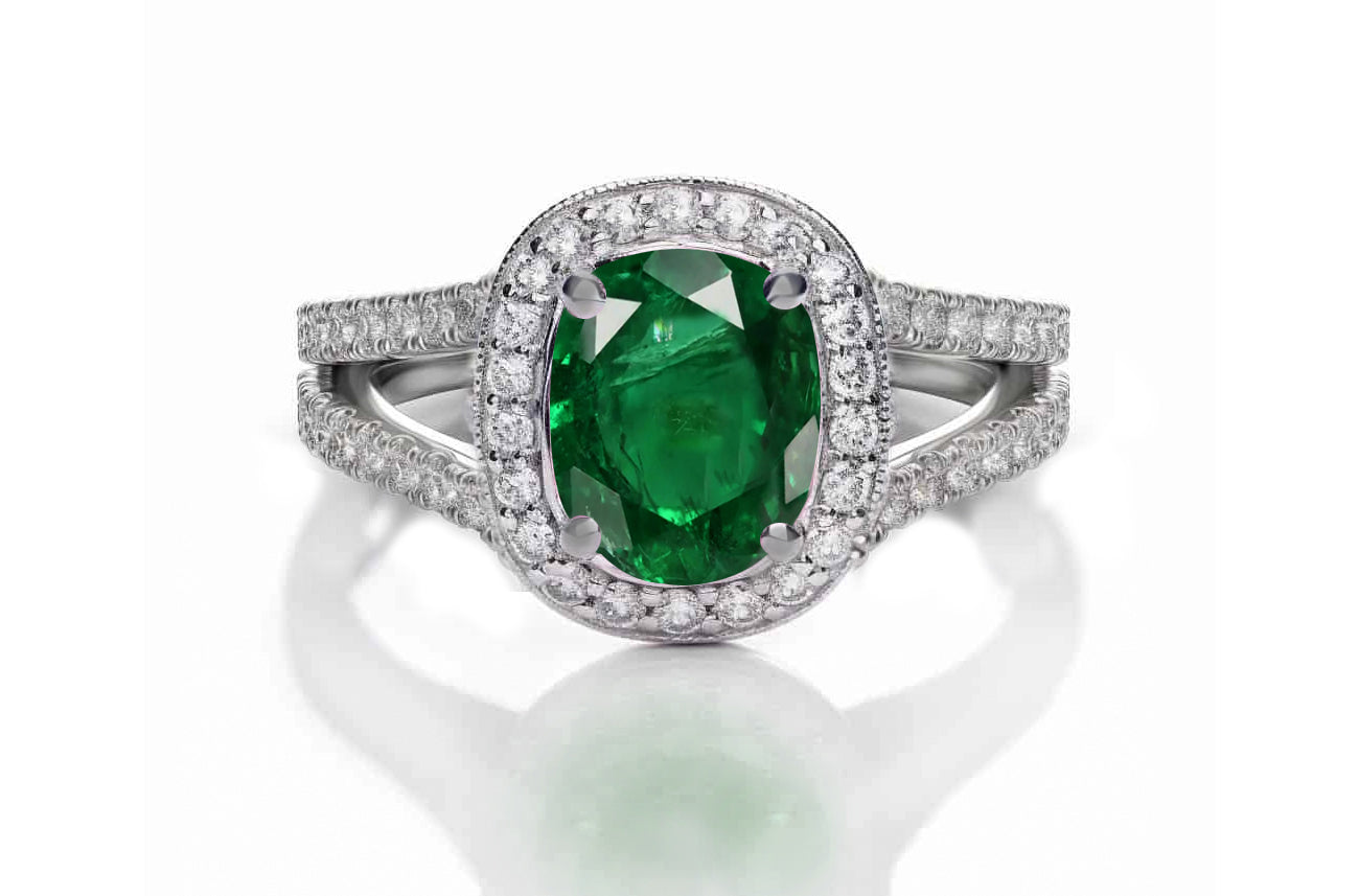 1221 custom made vintage inspired emerald and diamond floral halo engagement rings