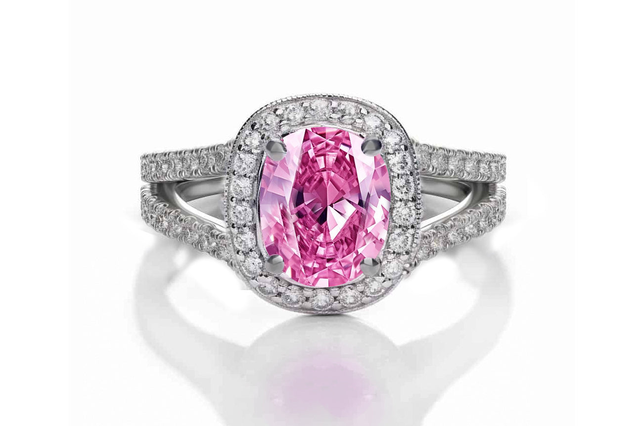 1221 custom made vintage inspired pink sapphire and diamond floral halo engagement rings