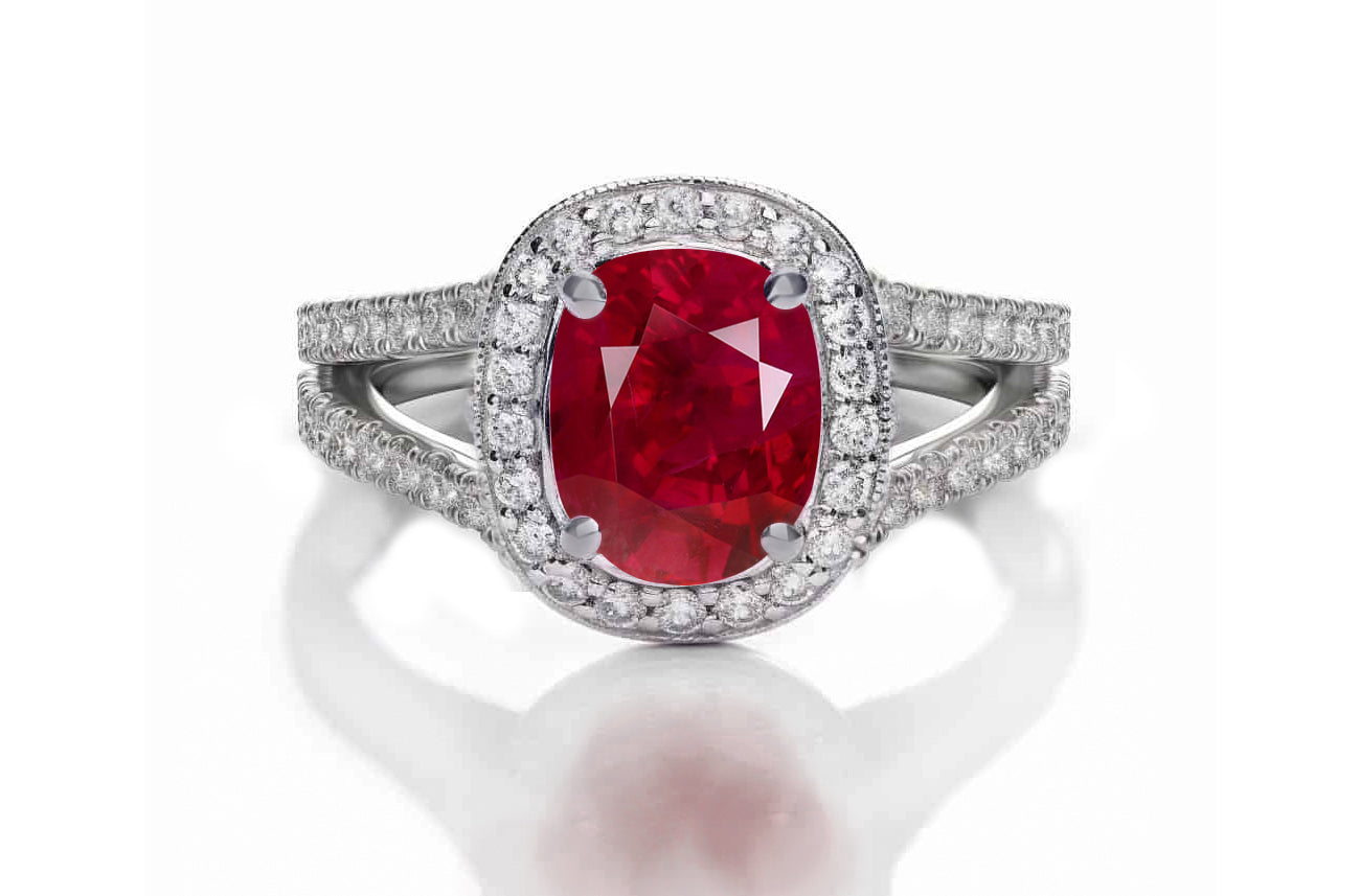 1221 custom made vintage inspired ruby and diamond floral halo engagement rings
