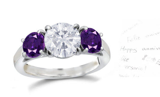 136 custom made unique round diamond center stone and round purple sapphire side three stone engagement ring
