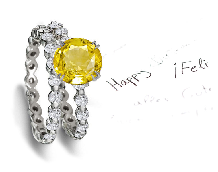 engagement ring with round yellow sapphire center & matching wedding band with round yellow sapphires and diamonds