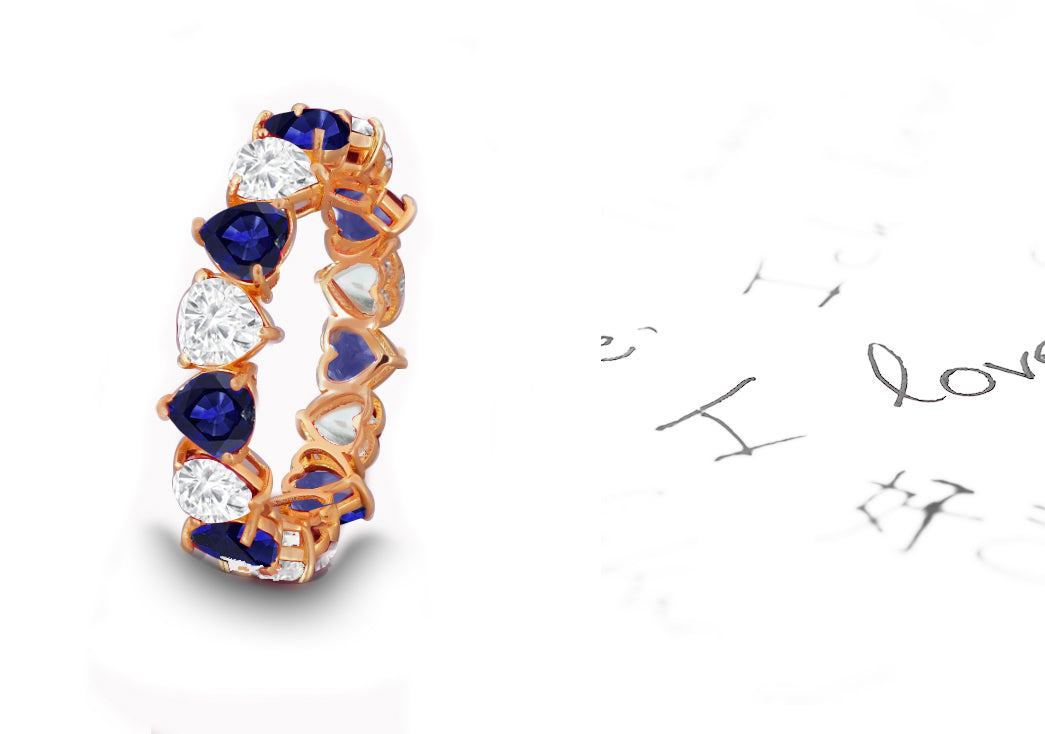 173 custom elegant stackable alternating heart shaped blue sapphire and diamond eternity band wedding anniversary ring