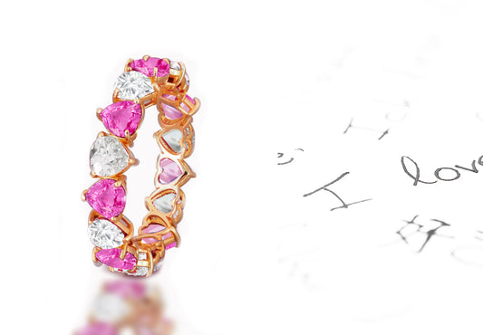 173 custom elegant stackable alternating heart shaped pink sapphire and diamond eternity band wedding anniversary ring