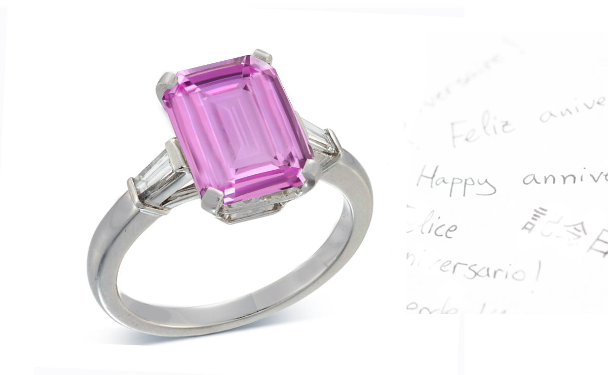 19 custom made unique emerald cut pink sapphire center stone with baguette diamond accents three stone engagement ring