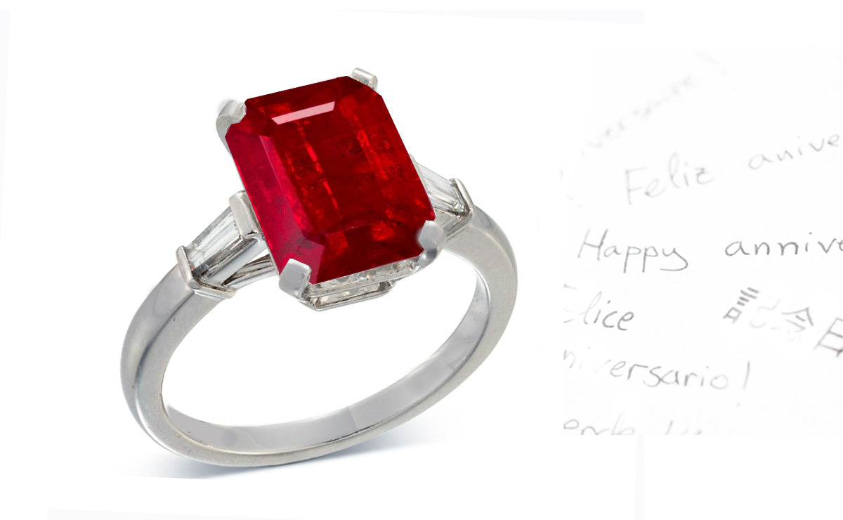 19 custom made unique emerald cut ruby center stone with baguette diamond accents three stone engagement ring