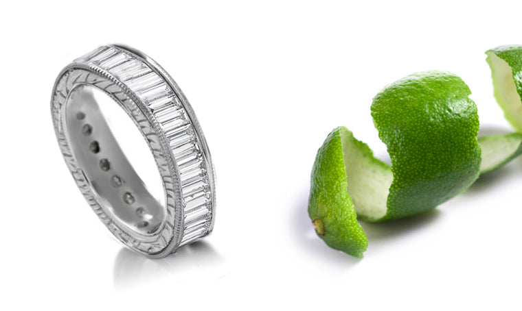 stackable eternity ring with baguette cut diamonds and side engraved band