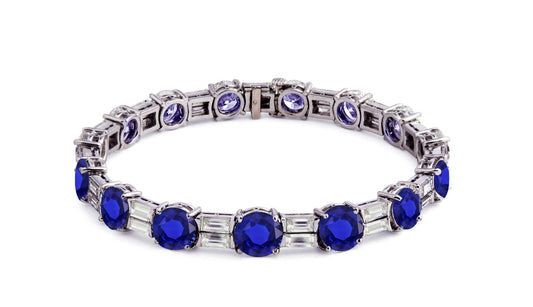 2 custom unique alternating round blue sapphire and baguette diamond tennis bracelet