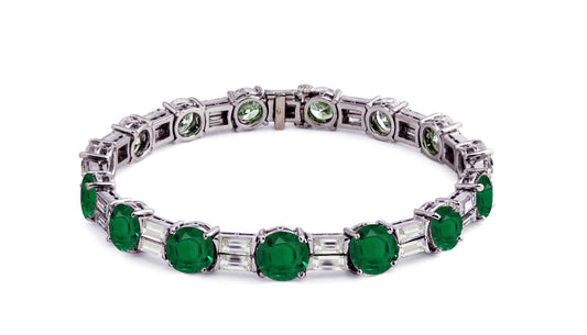 2 custom unique alternating round emerald and baguette diamond tennis bracelet