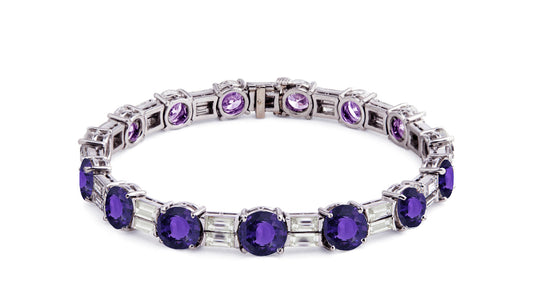 2 custom unique alternating round purple sapphire and baguette diamond tennis bracelet