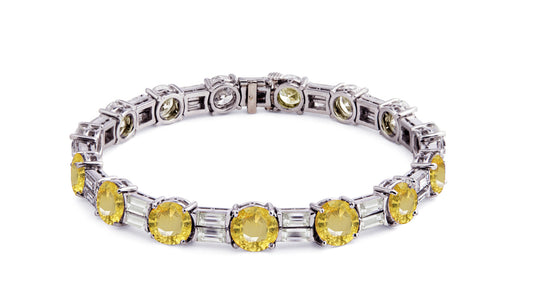 2 custom unique alternating round yellow sapphire and baguette diamond tennis bracelet