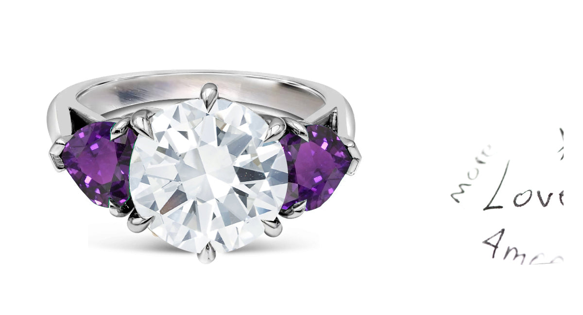 204 custom made unique round diamond center stone and heart purple sapphire side three stone engagement ring