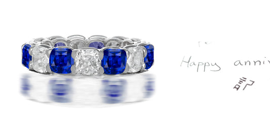 221 custom made stackable alternating cushion cut blue sapphire and diamond eternity band ring