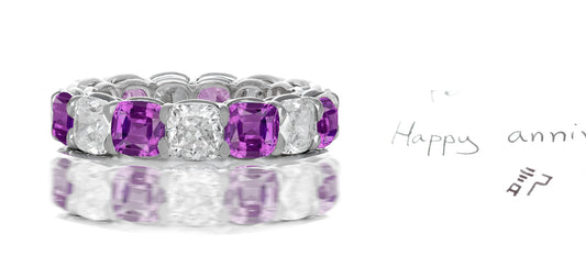 221 custom made stackable alternating cushion cut purple sapphire and diamond eternity band ring