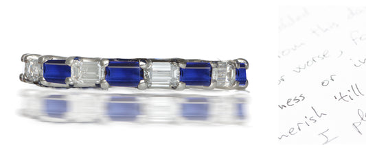 222 custom made stackable alternating baguette cut blue sapphire and diamond eternity band ring