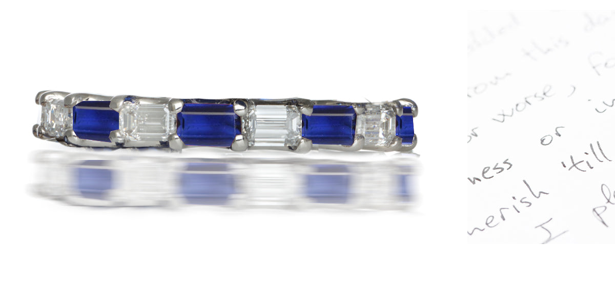 222 custom made stackable alternating baguette cut blue sapphire and diamond eternity band ring