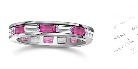 236 custom made unique stackable alternating baguette pink sapphire and diamond eternity band ring