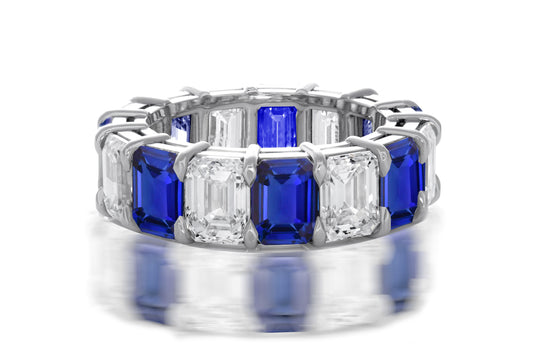 237 custom made unique stackable alternating emerald cut blue sapphire and diamond eternity band ring