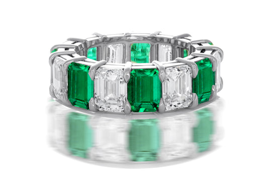 237 custom made unique stackable alternating emerald cut emerald and diamond eternity band ring