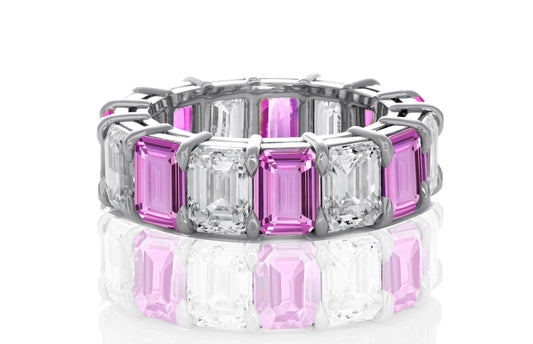 237 custom made unique stackable alternating emerald cut pink sapphire and diamond eternity band ring