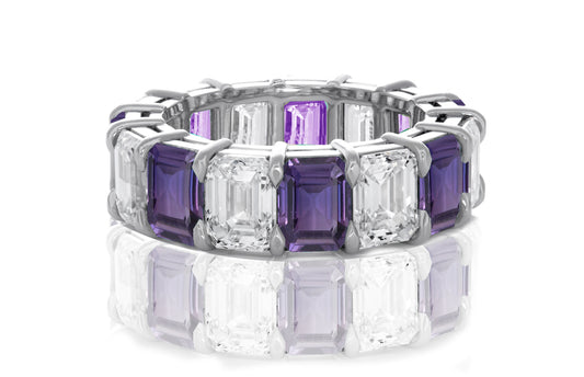 237 custom made unique stackable alternating emerald cut purple sapphire and diamond eternity band ring