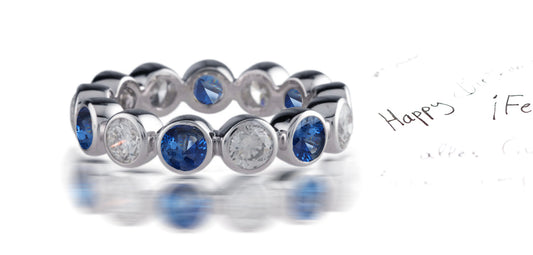 238 custom made unique stackable alternating bezel set round blue sapphire and diamond eternity band ring